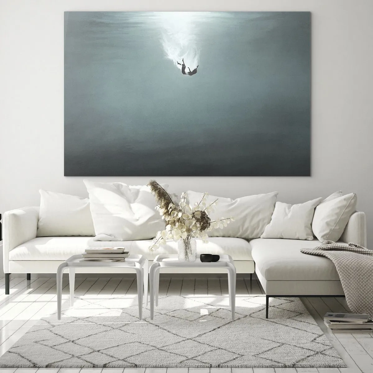 Glasbild - Bild auf glas - Die Silhouette eines Mannes, eingetaucht in die blauen Tiefen des Ozeans - 120x80cm - In den Armen des Ozeans - Moderne Wanddekoration für Wohnzimmer und Schlafzimmer ARTTOR