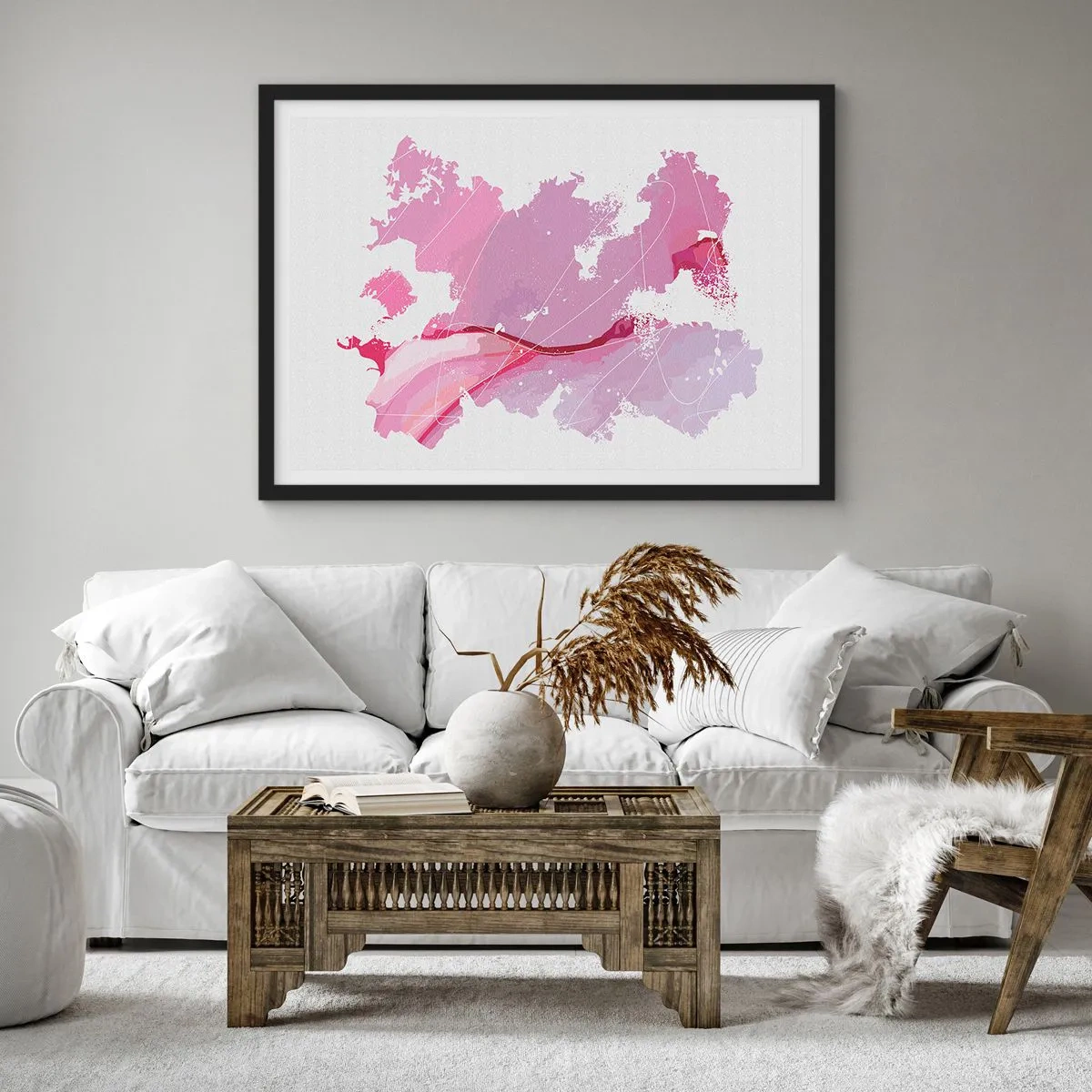 Poster in einem schwarzem Rahmen - Abstrakte Weltkarte in Rosatönen - 100x70cm - Karte der Rosawelt - Moderne Wanddekoration für Wohnzimmer und Schlafzimmer ARTTOR
