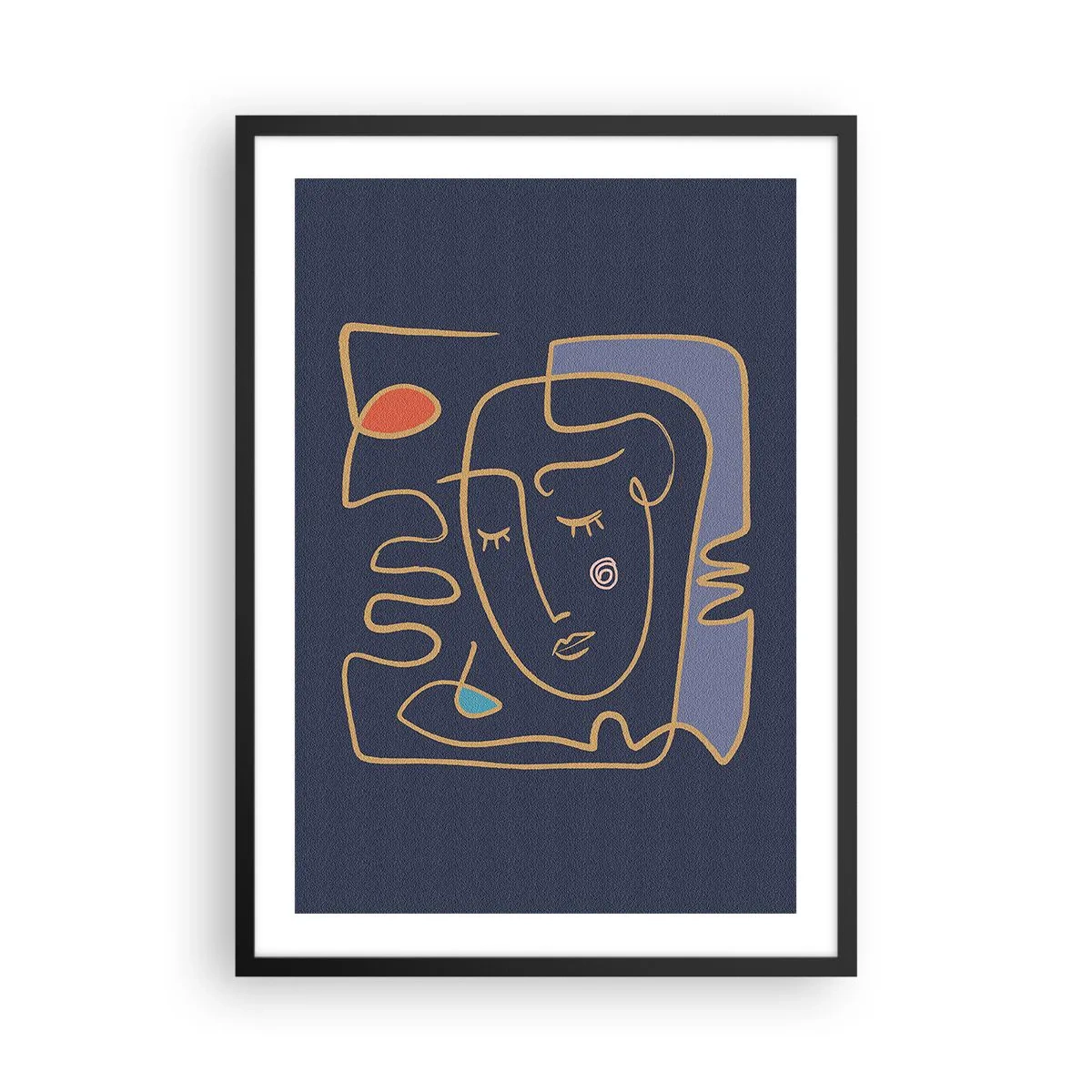 Poster in einem schwarzem Rahmen - Minimalistisches abstraktes Gesicht auf marineblauem Hintergrund im Line-Art-Stil - 50x70cm - In Gedanken - Moderne Wanddekoration für Wohnzimmer und Schlafzimmer ARTTOR