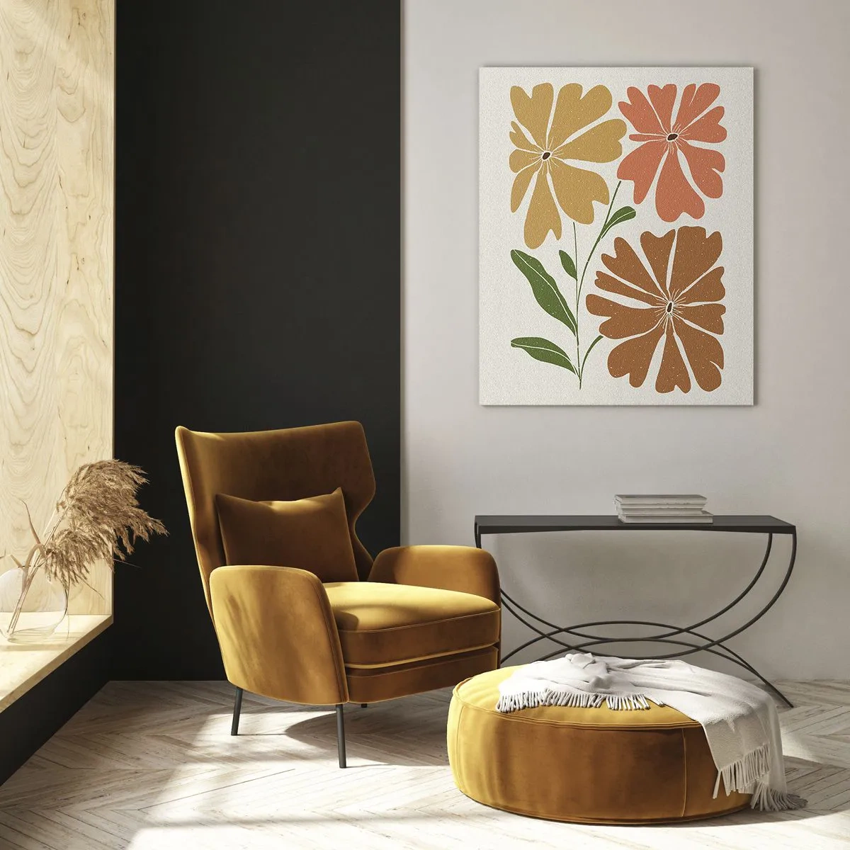 Glasbild - Bild auf glas - Drei Blumen in warmen Farben auf hellem Hintergrund - 80x120cm - Natur und Geometrie - Moderne Wanddekoration für Wohnzimmer und Schlafzimmer ARTTOR