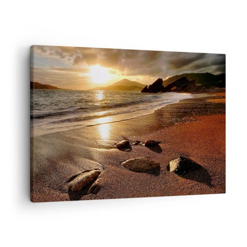 Bild auf Leinwand - Leinwandbild - Strand bei Sonnenuntergang mit Steinen am Ufer - 70x50cm - Folge der Sonne zu den Hügeln - Moderne Wanddekoration für Wohnzimmer und Schlafzimmer ARTTOR