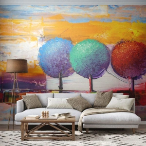 Fototapete Premium Canvas - Drei bunte Bäume auf abstraktem Hintergrund - 100x70cm - Aller guten Dinge sind drei - Moderne Wanddekoration für Wohnzimmer und Schlafzimmer ARTTOR