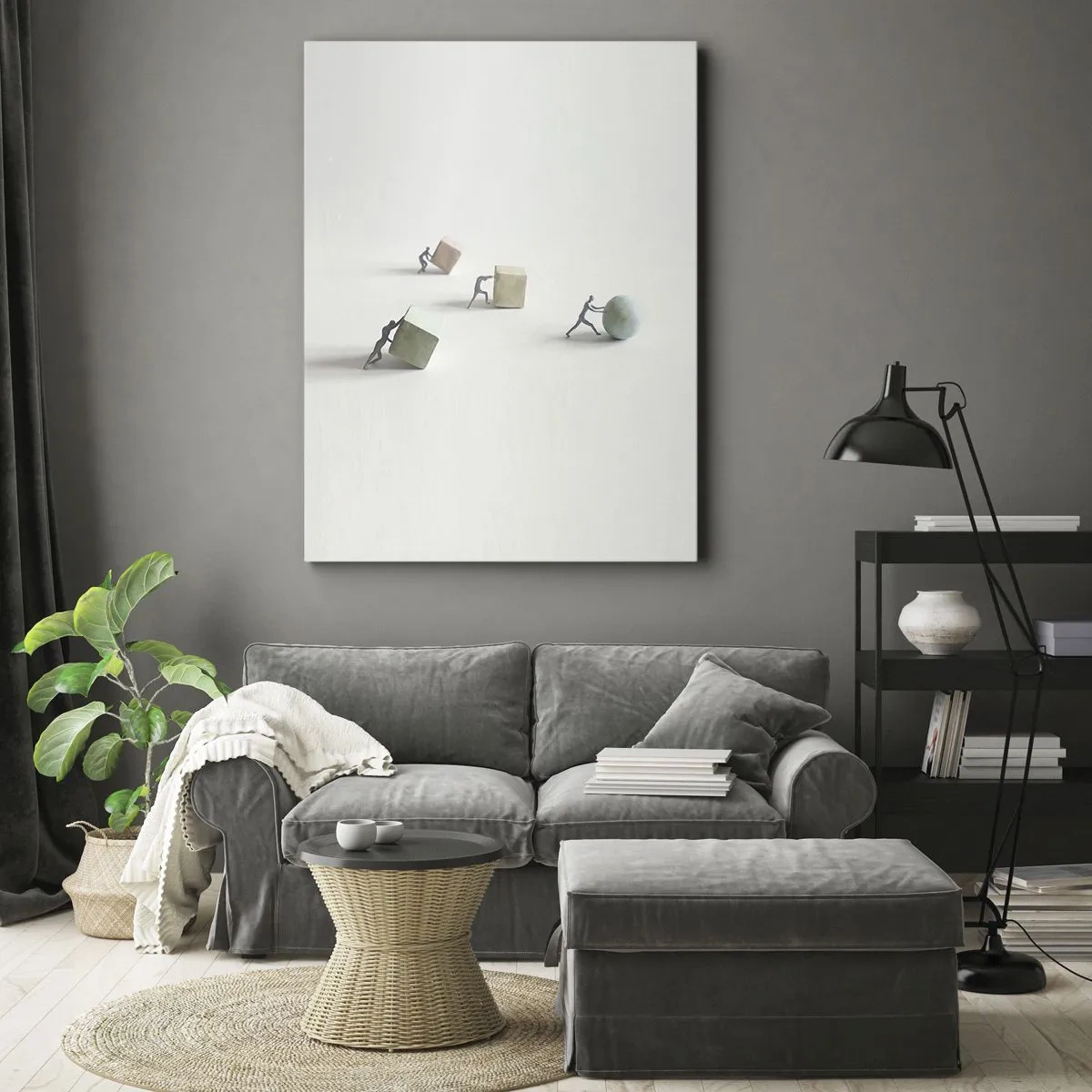 Bild auf Leinwand - Leinwandbild - Miniaturfiguren, die Formen vor einem hellen Hintergrund schieben - 70x100cm - Pures Leben - Moderne Wanddekoration für Wohnzimmer und Schlafzimmer ARTTOR