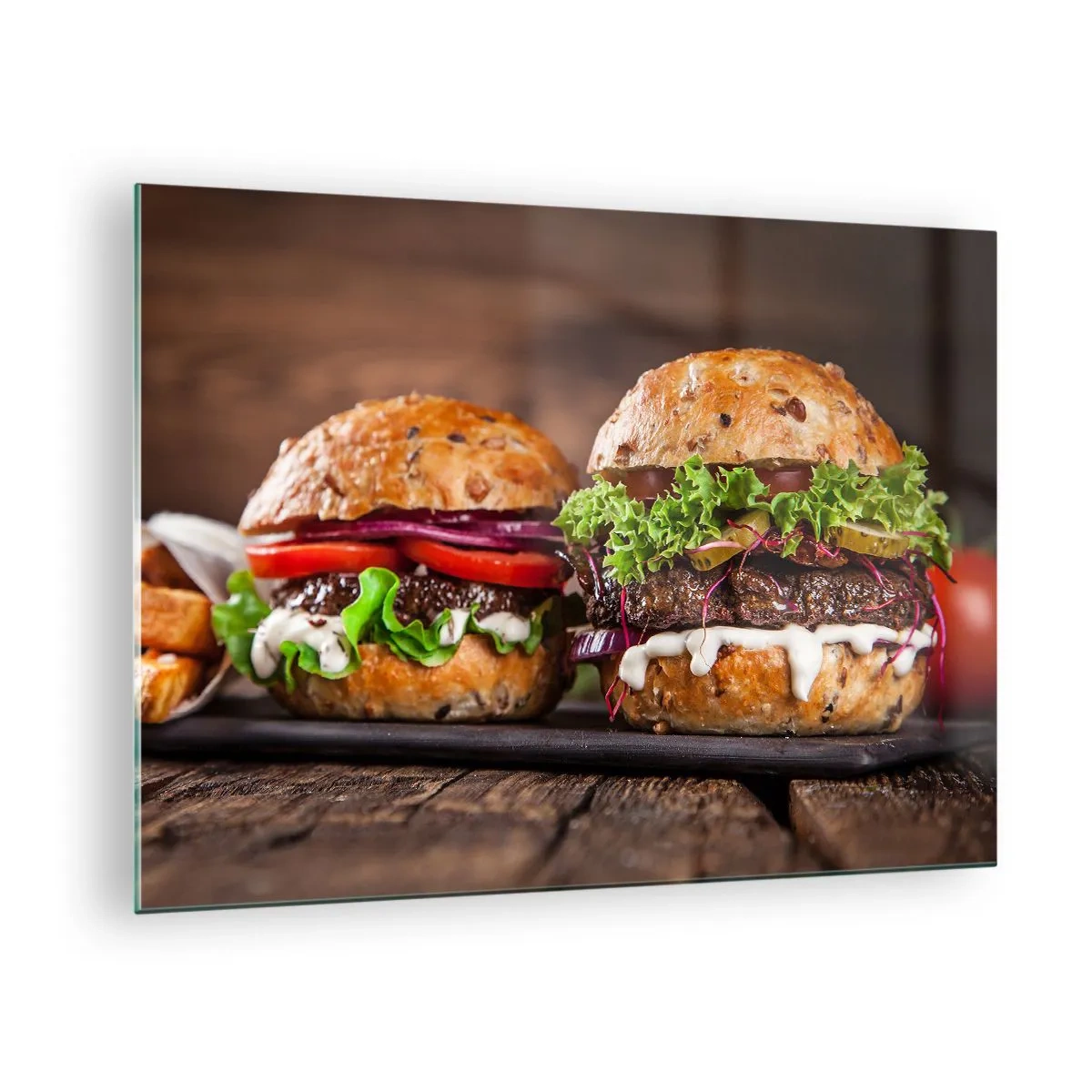 Glasbild - Bild auf glas - Appetitliche Burger mit Gemüse und Sauce - 70x50cm - Amerikanischer Traum - Moderne Wanddekoration für Wohnzimmer und Schlafzimmer ARTTOR
