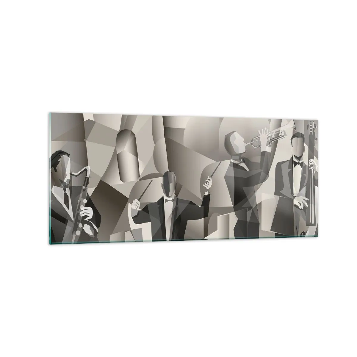 Glasbild - Bild auf glas - Abstrakte Szene mit Jazzmusikern in Grautönen. - 120x50cm - Im Raum der Klänge - Moderne Wanddekoration für Wohnzimmer und Schlafzimmer ARTTOR