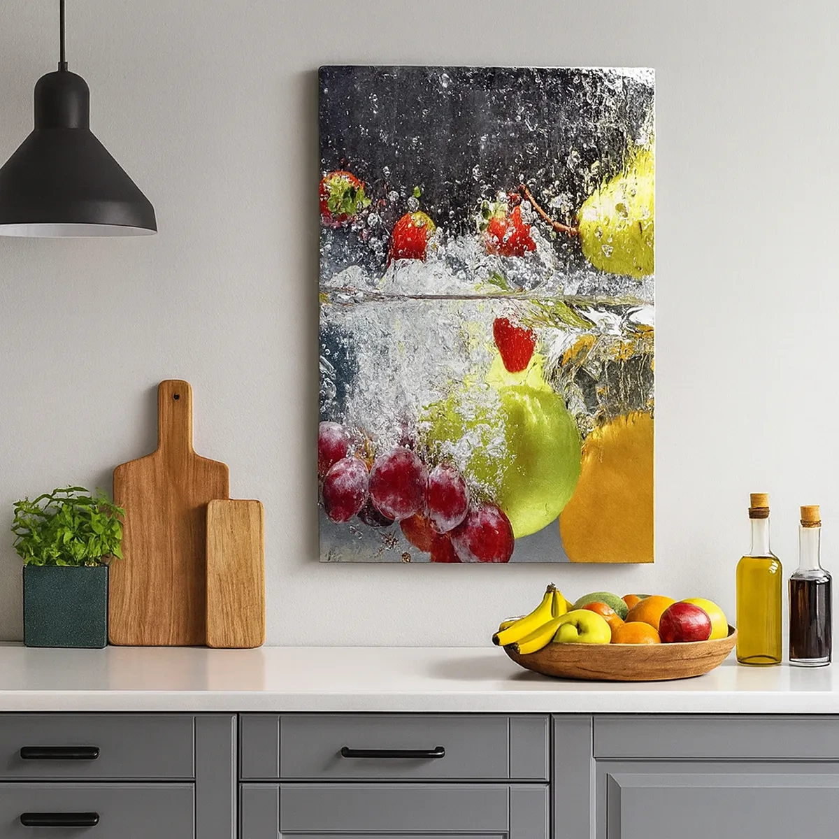 Bild auf Leinwand - Leinwandbild - Bunte Früchte im Wasser bei dynamischer Immersion - 50x70cm - Fruchterfrischung - Moderne Wanddekoration für Wohnzimmer und Schlafzimmer ARTTOR
