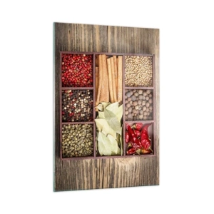 Glasbild - Bild auf glas - Bunte Gewürze in Holzfächern - 50x70cm - Ordnung der Formen, Bouquet von Aromen - Moderne Wanddekoration für Wohnzimmer und Schlafzimmer ARTTOR