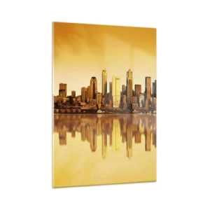 Glasbild - Bild auf glas - Panorama der Stadt im goldenen Licht des Sonnenuntergangs - 50x70cm - Die Stille der Metropole - Moderne Wanddekoration für Wohnzimmer und Schlafzimmer ARTTOR