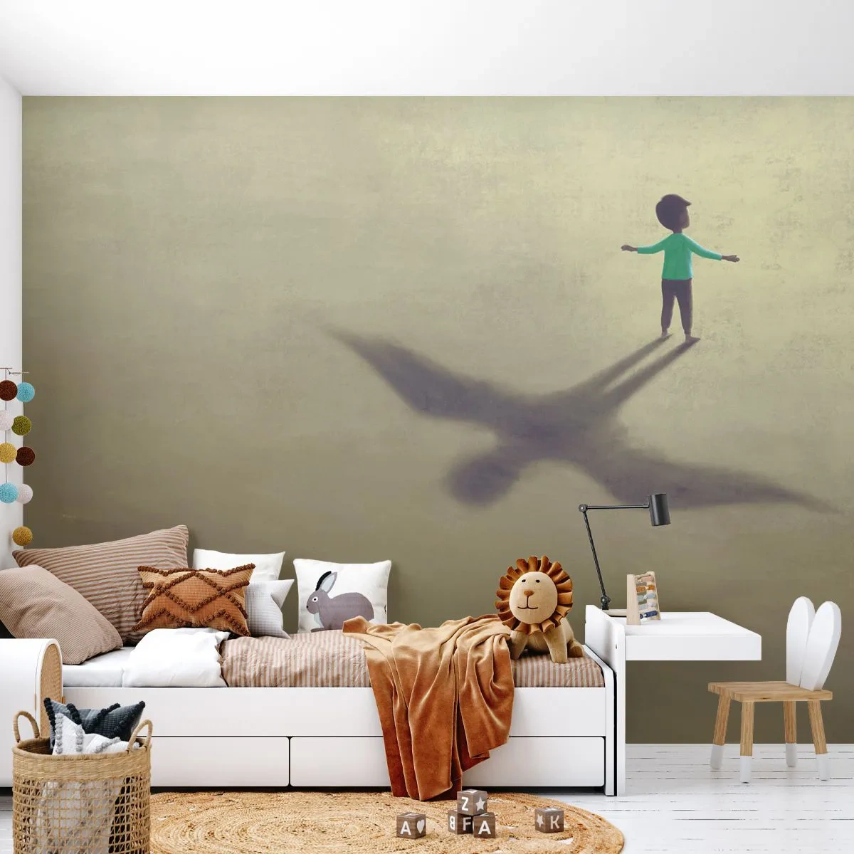 Fototapete Premium Sand - Silhouette eines Kindes mit einem vogelförmigen Schatten auf dem Boden - 100x70cm - Der Held der Zukunft - Moderne Wanddekoration für Wohnzimmer und Schlafzimmer ARTTOR