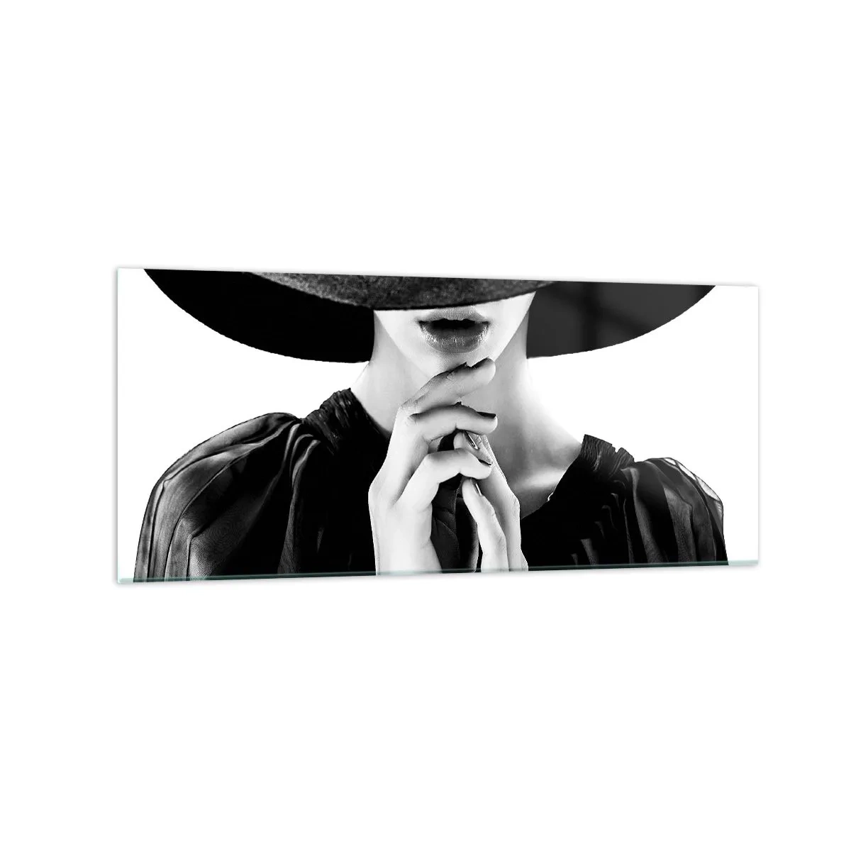 Glasbild - Bild auf glas - Stilvolle Frau mit großem Hut in Schwarz-Weiß-Tönen - 120x50cm - Versteckte Schönheit - Moderne Wanddekoration für Wohnzimmer und Schlafzimmer ARTTOR