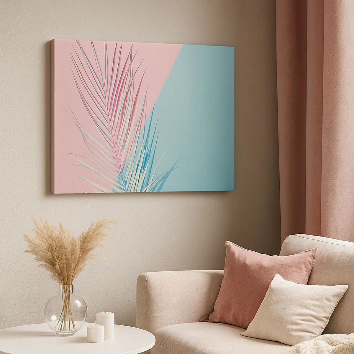 Bild auf Leinwand - Leinwandbild - Tropisches Blatt vor einem Hintergrund in Pastelltönen von Rosa und Blau - 70x50cm - Tropischer Eindruck - Moderne Wanddekoration für Wohnzimmer und Schlafzimmer ARTTOR