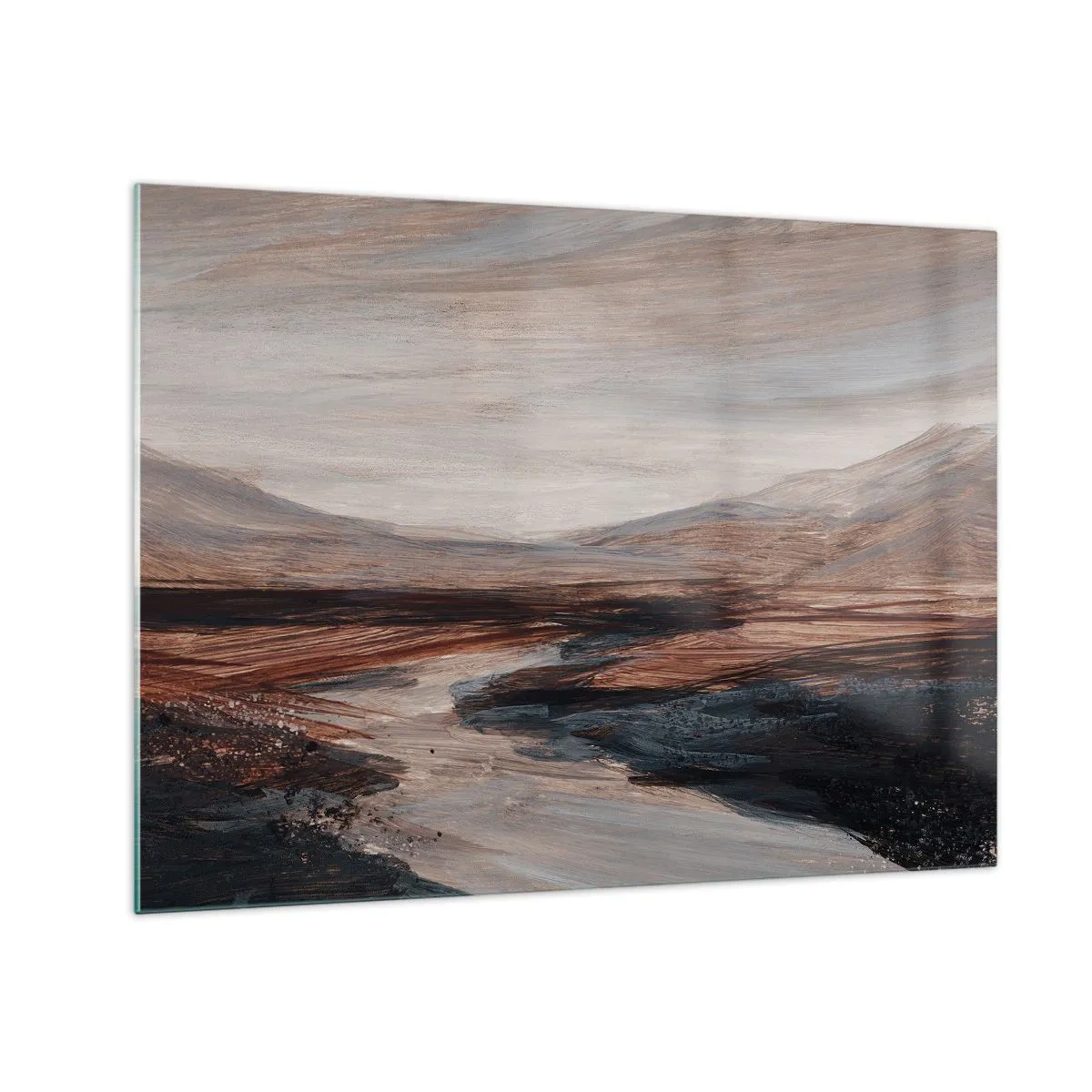 Glasbild - Bild auf glas - Ein malerisches Tal mit einem Fluss in Braun- und Blautönen - 70x50cm - Ruhiges Tal - Moderne Wanddekoration für Wohnzimmer und Schlafzimmer ARTTOR