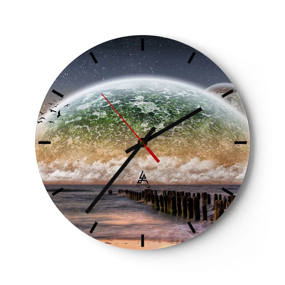 Wanduhr - Glasuhr - Landschaft mit Globus und ruhigem Meer - 30x30cm - Und die Welt tauchte aus dem Wasser auf - Moderne Wanddekoration für Wohnzimmer, Küche und Schlafzimmer ARTTOR