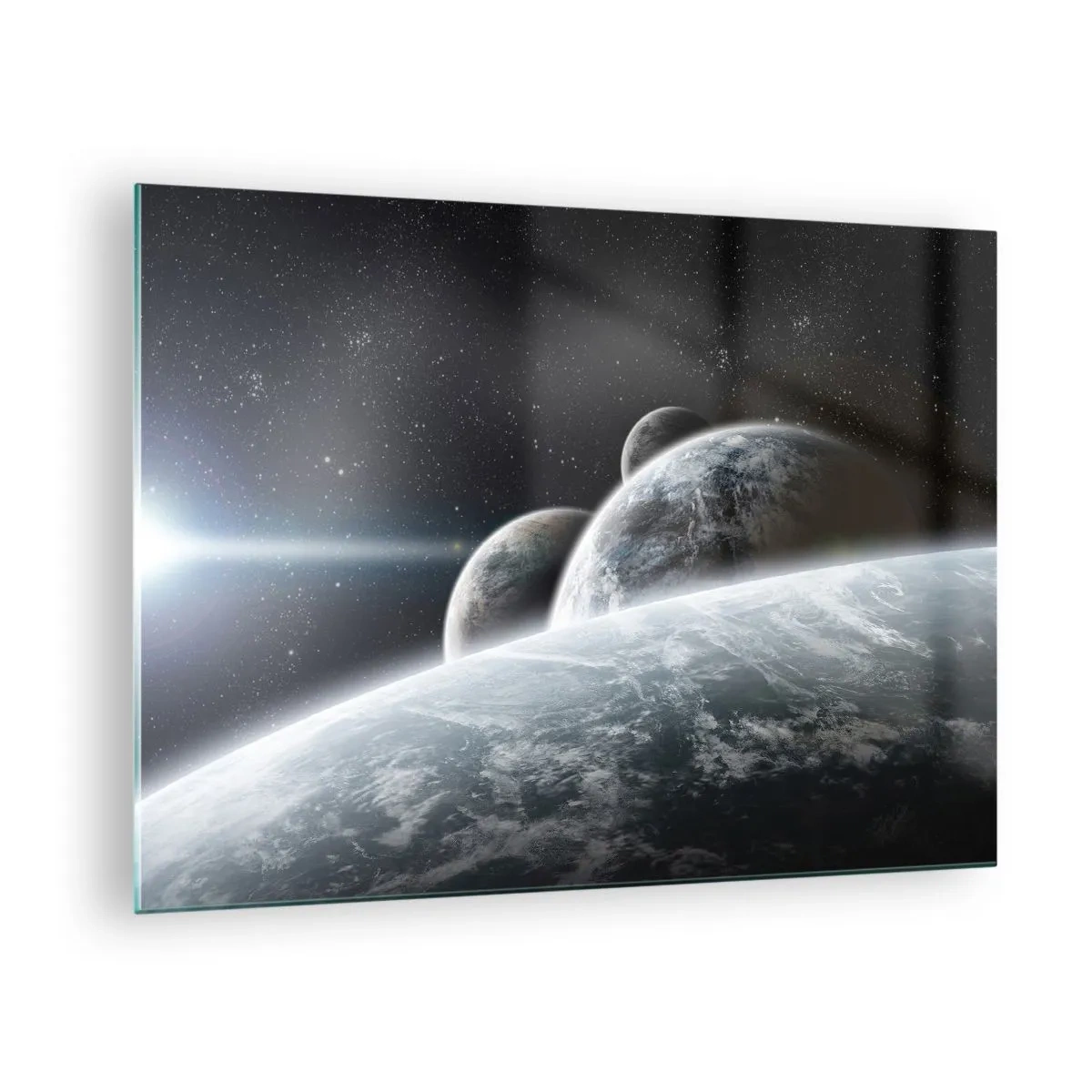 Glasbild - Bild auf glas - Planeten im Weltraum mit einem Lichtstrahl - 70x50cm - Kosmische Musik der Sphären - Moderne Wanddekoration für Wohnzimmer und Schlafzimmer ARTTOR