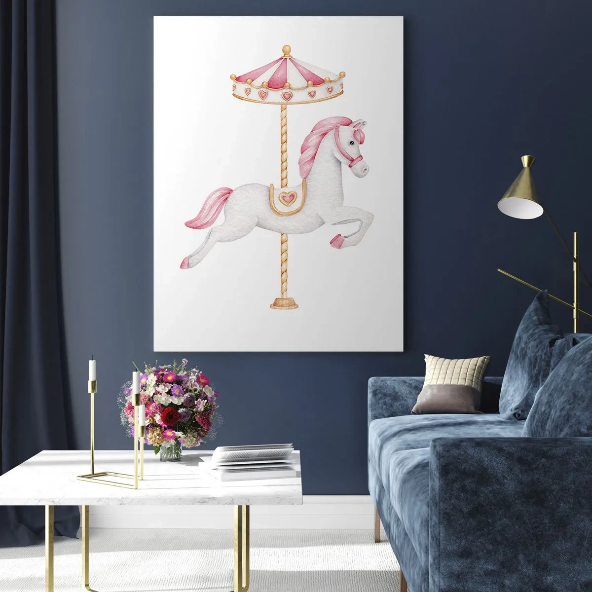 Glasbild - Bild auf glas - Ein Karussellpferd in Pastelltönen von Rosa - 80x120cm - Er legte los - Moderne Wanddekoration für Wohnzimmer und Schlafzimmer ARTTOR