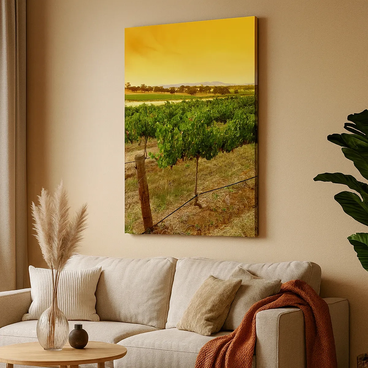 Bild auf Leinwand - Leinwandbild - Weinreben auf einer Plantage bei einem goldenen Sonnenuntergang - 50x70cm - Holen Sie sich einen Drink von der Sonne - Moderne Wanddekoration für Wohnzimmer und Schlafzimmer ARTTOR