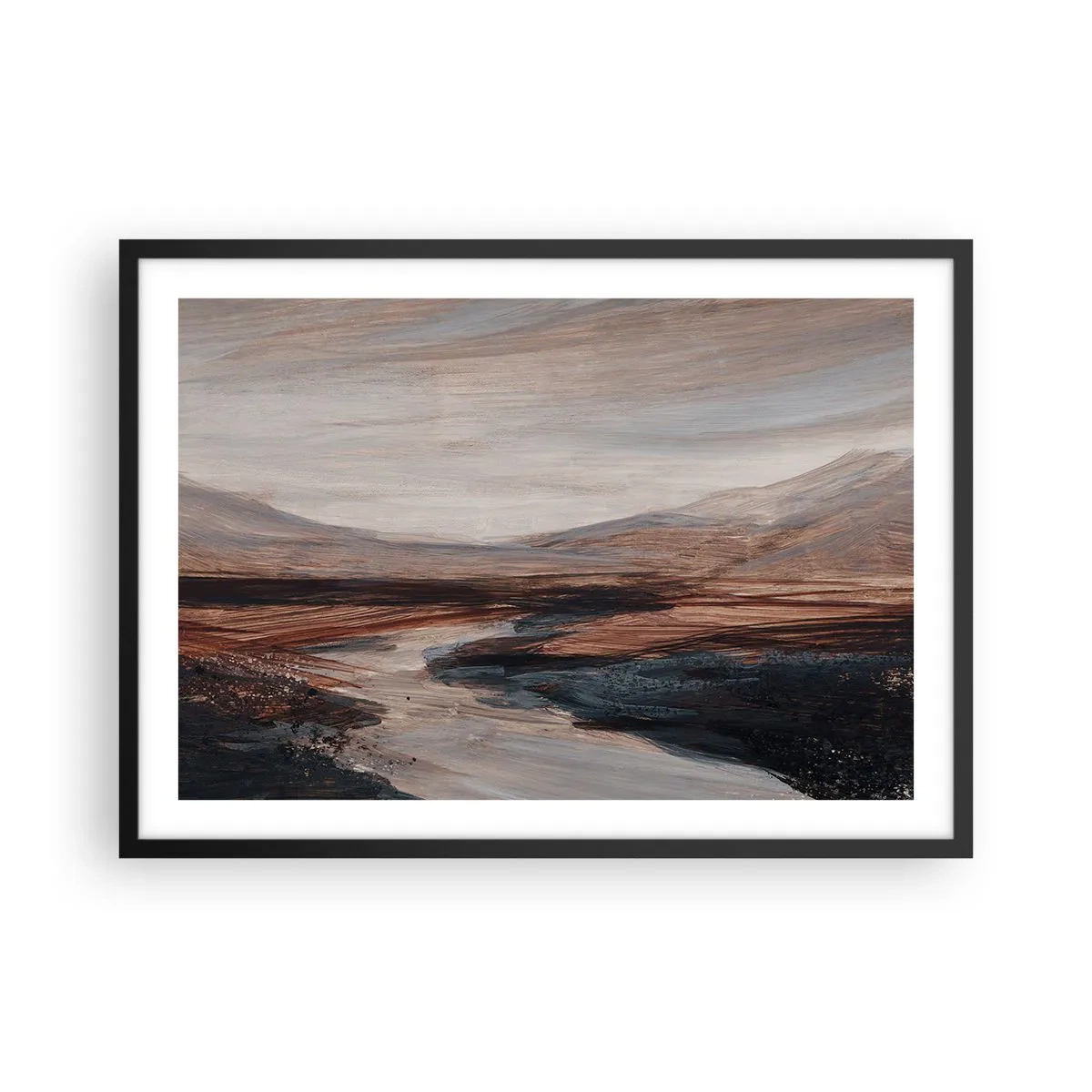Poster in einem schwarzem Rahmen - Eine malerische Landschaft mit Fluss und Bergen - 70x50cm - Ruhiges Tal - Moderne Wanddekoration für Wohnzimmer und Schlafzimmer ARTTOR