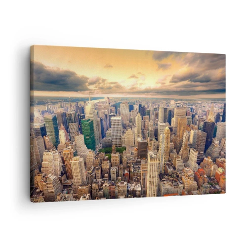 Bild auf Leinwand - Leinwandbild - Stadtpanorama mit Blick auf Wolkenkratzer bei Sonnenuntergang - 70x50cm - Vergoldete Metropole - Moderne Wanddekoration für Wohnzimmer und Schlafzimmer ARTTOR