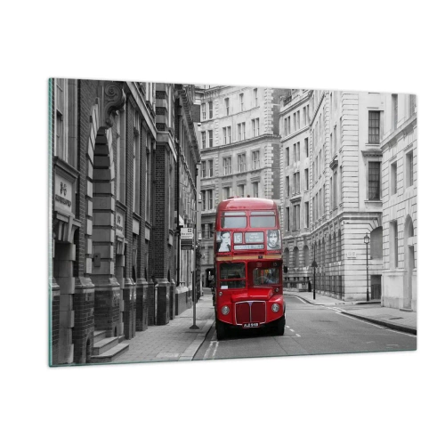 Glasbild - Bild auf glas - Ein roter Bus durch die einfarbigen Straßen der Stadt - 120x80cm - Der Alltag muss nicht grau sein - Moderne Wanddekoration für Wohnzimmer und Schlafzimmer ARTTOR