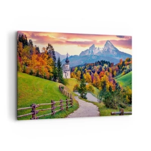 Bild auf Leinwand - Leinwandbild - Herbstliche Berglandschaft mit Kapelle und Sonnenuntergang - 120x80cm - Landschaftsartige Malerei - Moderne Wanddekoration für Wohnzimmer und Schlafzimmer ARTTOR