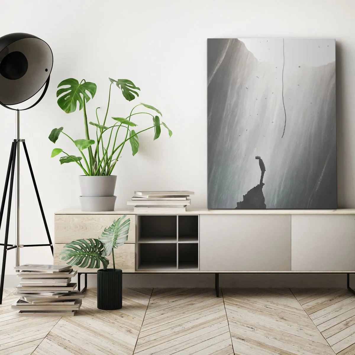 Bild auf Leinwand - Leinwandbild - Silhouette eines Mannes auf dem Boden einer Höhle mit Blick auf das Licht - 70x100cm - Es gibt immer einen Ausweg - Moderne Wanddekoration für Wohnzimmer und Schlafzimmer ARTTOR