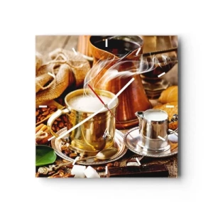 Wanduhr - Glasuhr - Eine goldene Tasse Kaffee, umgeben von Bohnen, Krügen und Croissants - 30x30cm - Schönen Tag noch! - Moderne Wanddekoration für Wohnzimmer und Schlafzimmer ARTTOR