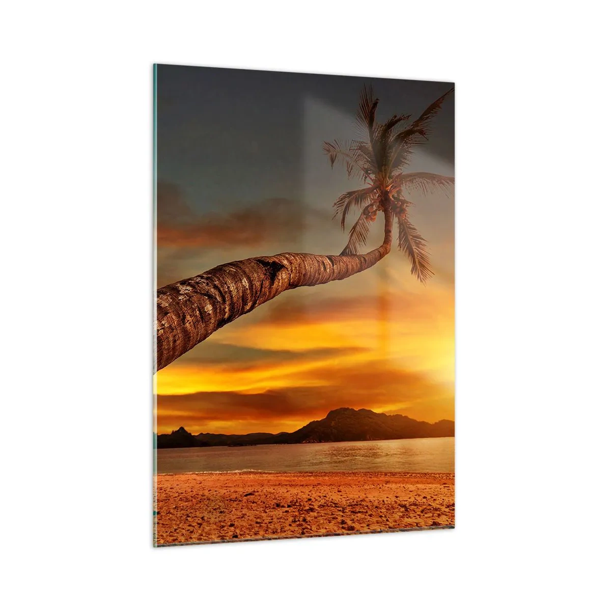 Glasbild - Bild auf glas - Palme an einem tropischen Strand bei Sonnenuntergang - 50x70cm - Exotischer Urlaub, karibisches Abenteuer - Moderne Wanddekoration für Wohnzimmer und Schlafzimmer ARTTOR