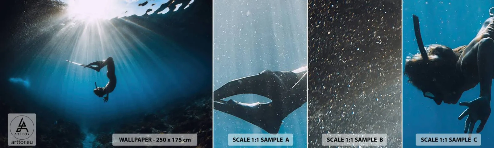 Fototapeten Muster Selbstklebend Deluxe Sticker - Tanz unter Wasser - Unterwasserhöhle, Sonnenstrahlen, Tauchen - 100x30 cm