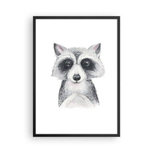 Poster in einem schwarzem Rahmen - Ein süßer Waschbär auf weißem Hintergrund - 50x70cm - Ein Moment zum Bewegen - Moderne Wanddekoration für Wohnzimmer und Schlafzimmer ARTTOR