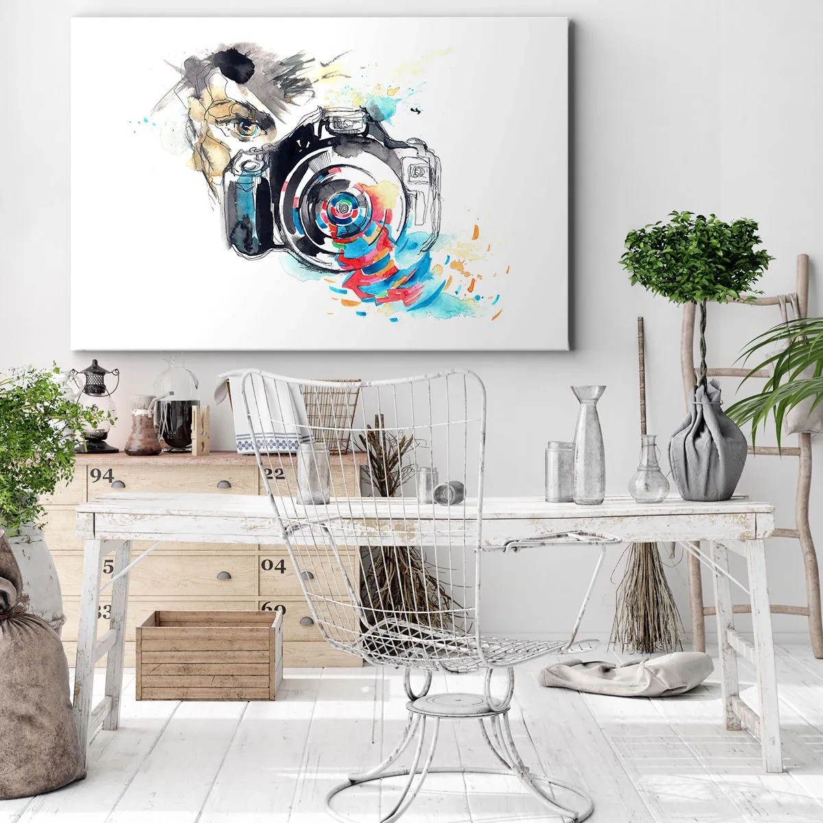 Bild auf Leinwand - Leinwandbild - Aquarellkamera mit farbenfrohen Details - 120x80cm - Im Auge der Linse - Moderne Wanddekoration für Wohnzimmer und Schlafzimmer ARTTOR