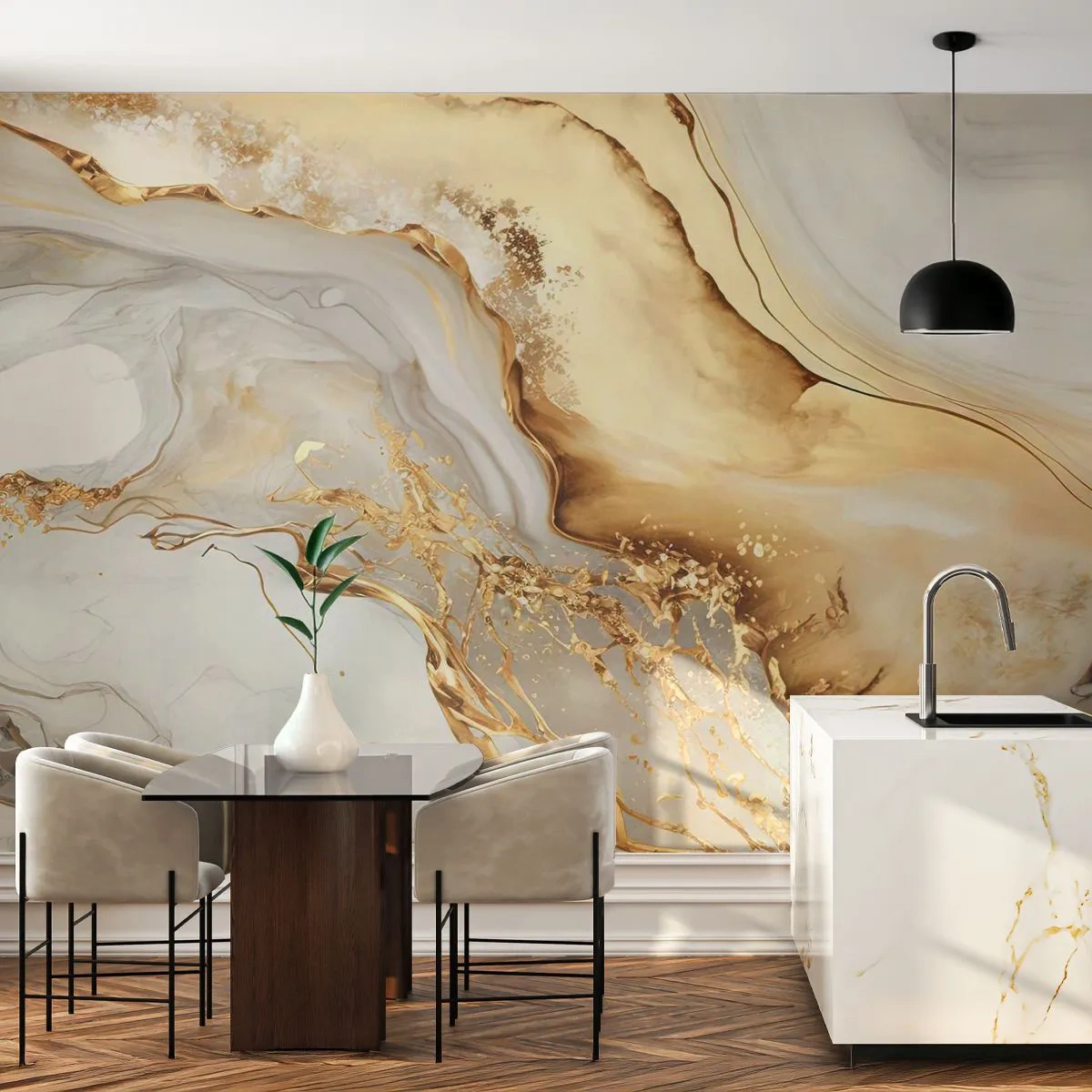 Fototapete Premium Sand - Goldene Adern und Streifen auf weißem Marmorhintergrund - 100x70cm - Abstraktion: Schönheit und Güte - Moderne Wanddekoration für Wohnzimmer und Schlafzimmer ARTTOR