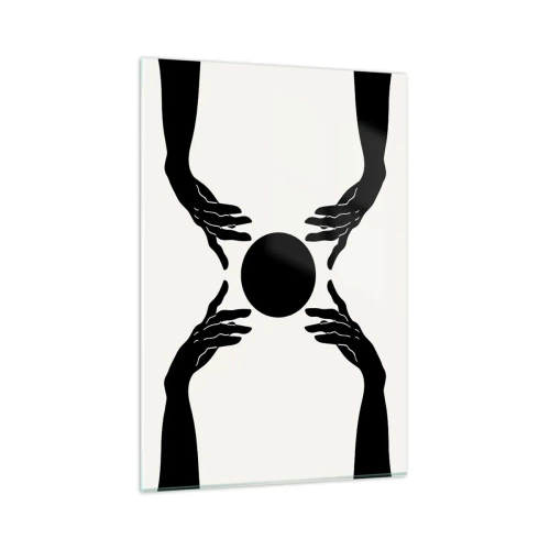 Glasbild - Bild auf glas - Schwarze Hände in einer symmetrischen Komposition mit einer Kugel - 80x120cm - Geheimes Zeichen - Moderne Wanddekoration für Wohnzimmer und Schlafzimmer ARTTOR