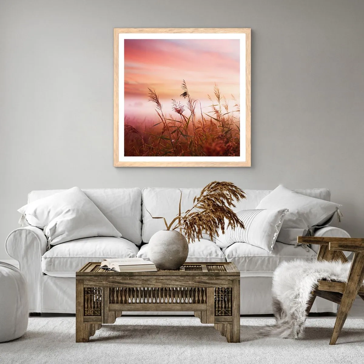 Poster in einem Rahmen aus heller Eiche - Drachen, Löwenzahn, Wind - 50x50 cm