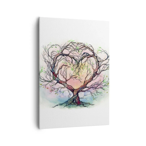 Bild auf Leinwand - Leinwandbild - Ein herzförmiger Baum vor einem Hintergrund aus zarten Pastellfarben - 50x70cm - Gemeinsam gegen die Stürme - Moderne Wanddekoration für Wohnzimmer und Schlafzimmer ARTTOR