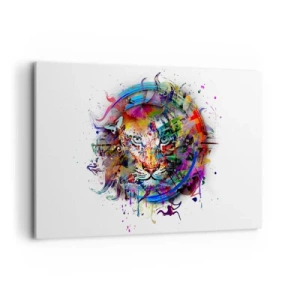 Bild auf Leinwand - Leinwandbild - Farbenfrohes Porträt eines Löwen im abstrakten Stil - 120x80cm - Es lauert hinter einem Regenbogenschleier - Moderne Wanddekoration für Wohnzimmer und Schlafzimmer ARTTOR