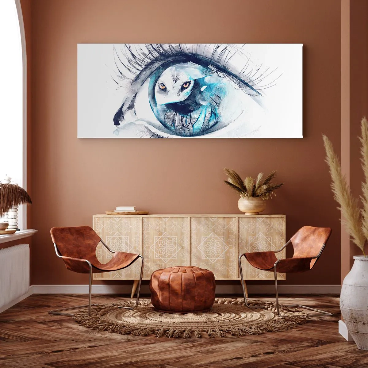 Bild auf Leinwand - Leinwandbild - Ein Auge mit dem Bild einer Eule in Aquarell-Blautönen - 160x50cm - Auge in Auge mit Wildheit - Moderne Wanddekoration für Wohnzimmer und Schlafzimmer ARTTOR