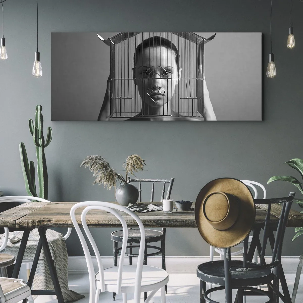 Bild auf Leinwand - Leinwandbild - Frau hinter einem Käfig im surrealen Stil - 120x50cm - Ein leicht surreales Portrait - Moderne Wanddekoration für Wohnzimmer und Schlafzimmer ARTTOR