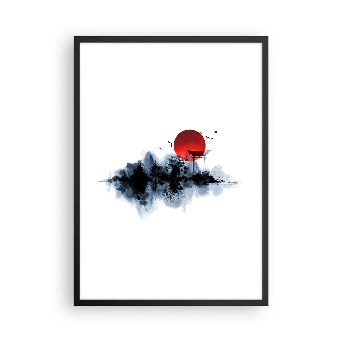 Poster in einem schwarzem Rahmen - Die rote Sonnenscheibe über dem japanischen Torii-Tor - 50x70cm - Japanische Sicht - Moderne Wanddekoration für Wohnzimmer und Schlafzimmer ARTTOR