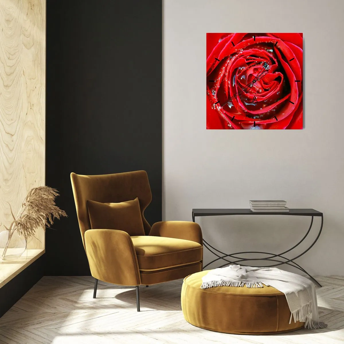 Wanduhr - Glasuhr - Nahaufnahme einer roten Rose mit Wassertropfen auf den Blütenblättern - 30x30cm - In den Tautropfen - Moderne Wanddekoration für Wohnzimmer und Schlafzimmer ARTTOR