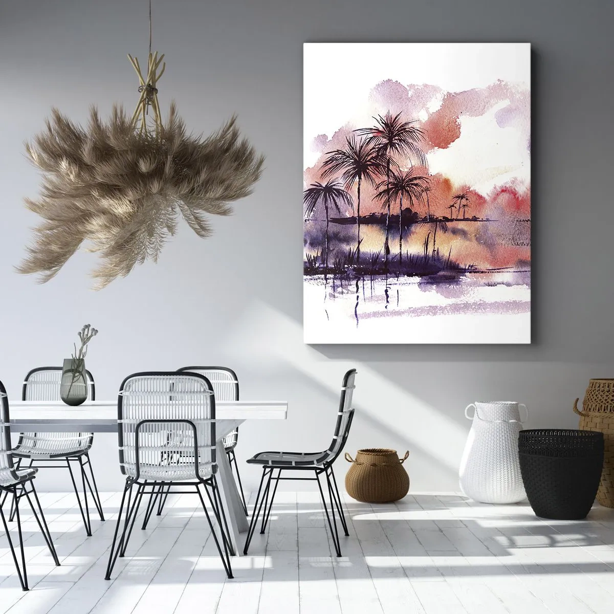 Bild auf Leinwand - Leinwandbild - Tropische Landschaft mit Palmen bei Sonnenuntergang in Aquarell - 50x70cm - Die Ruhe der Tropen in Rot - Moderne Wanddekoration für Wohnzimmer und Schlafzimmer ARTTOR