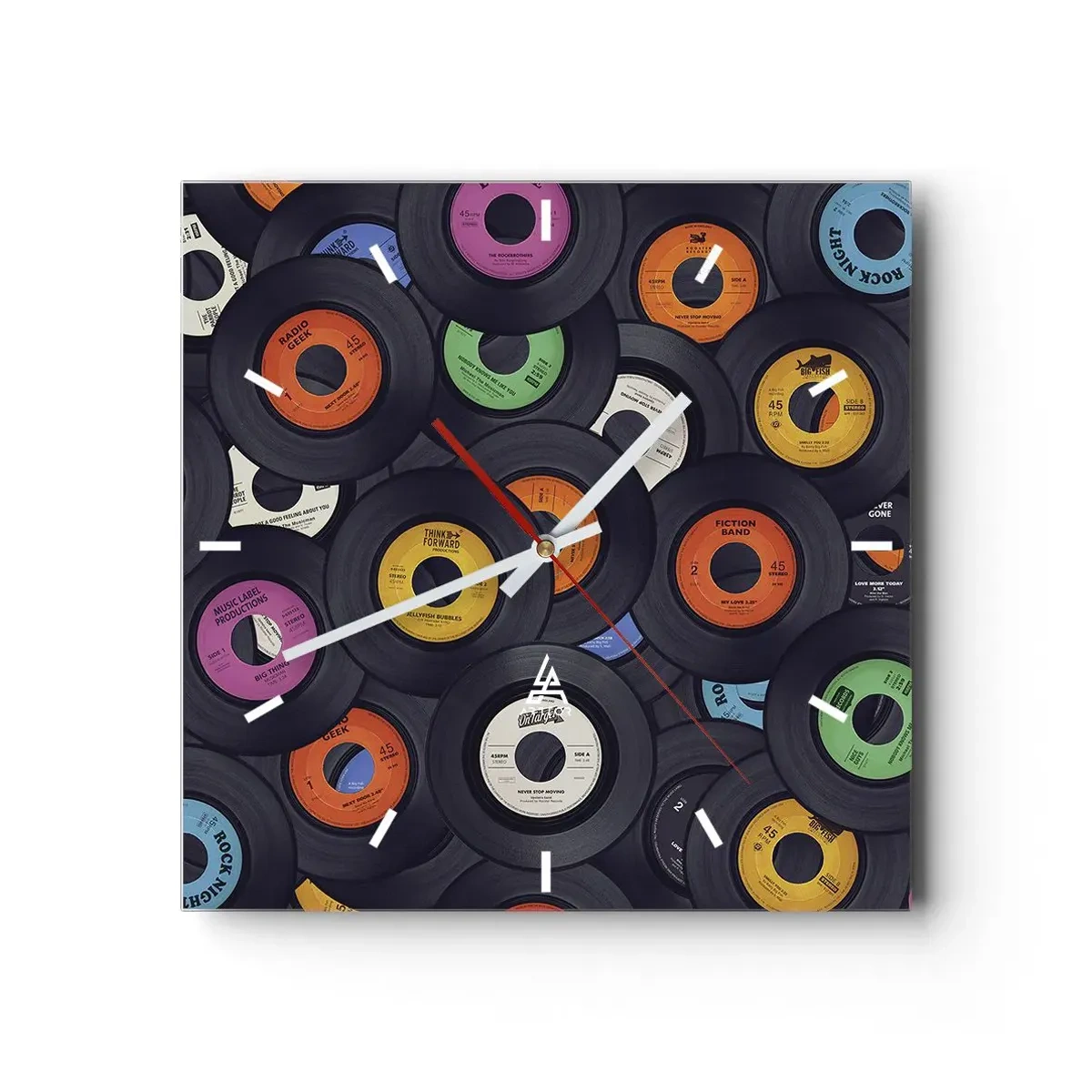 Wanduhr - Glasuhr - Bunte Vinyls übereinander gestapelt - 30x30cm - Farben der Klassiker - Moderne Wanddekoration für Wohnzimmer und Schlafzimmer ARTTOR