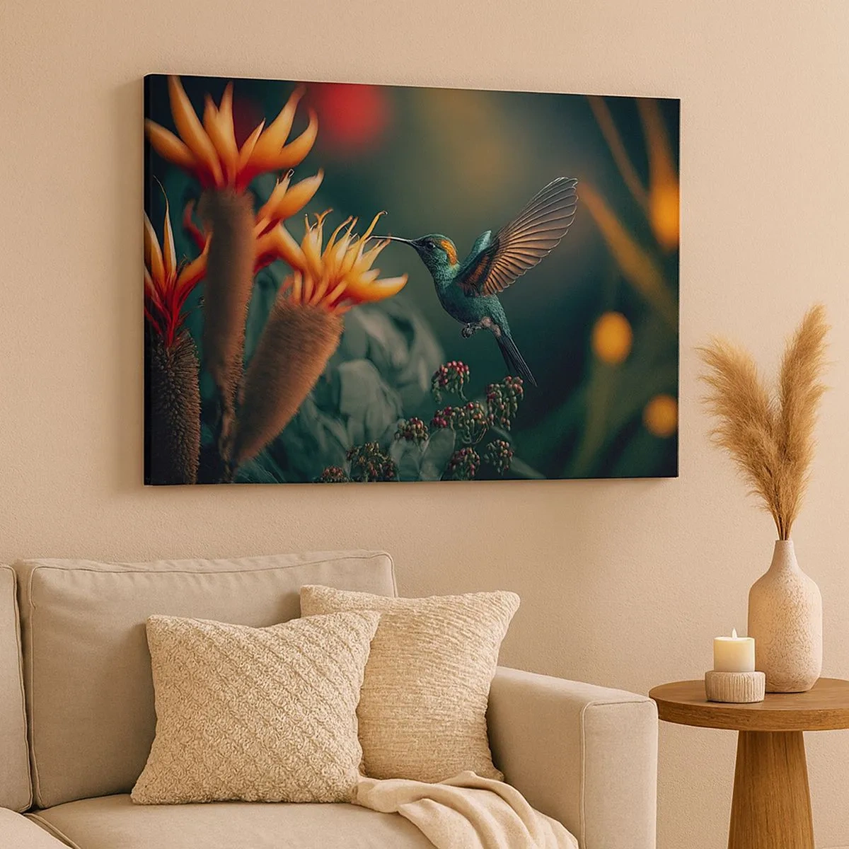 Bild auf Leinwand - Leinwandbild - Ein bunter Kolibri neben Blumen vor einem natürlichen Hintergrund - 70x50cm - Wirklich buntes Leben - Moderne Wanddekoration für Wohnzimmer und Schlafzimmer ARTTOR
