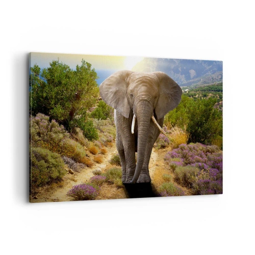 Bild auf Leinwand - Leinwandbild - Ein afrikanischer Elefant vor einer Savannen- und Berglandschaft - 120x80cm - So sah Eden aus - Moderne Wanddekoration für Wohnzimmer und Schlafzimmer ARTTOR