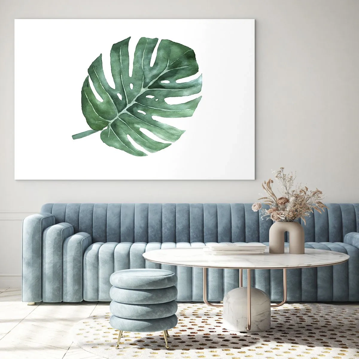 Glasbild - Bild auf glas - Grünes Monstera-Blatt auf weißem Hintergrund - 120x80cm - Grünes Konzept - Moderne Wanddekoration für Wohnzimmer und Schlafzimmer ARTTOR