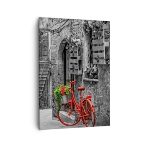 Bild auf Leinwand - Leinwandbild - Ein rotes Fahrrad in einer schwarz-weißen Straße - 50x70cm - Toskanische Gasse - Moderne Wanddekoration für Wohnzimmer und Schlafzimmer ARTTOR