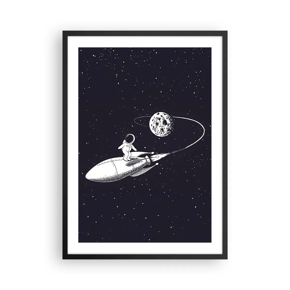 Poster in einem schwarzem Rahmen - Ein Astronaut steht auf einer Rakete im Weltraum - 50x70cm - Weltraumsurfer - Moderne Wanddekoration für Wohnzimmer und Schlafzimmer ARTTOR