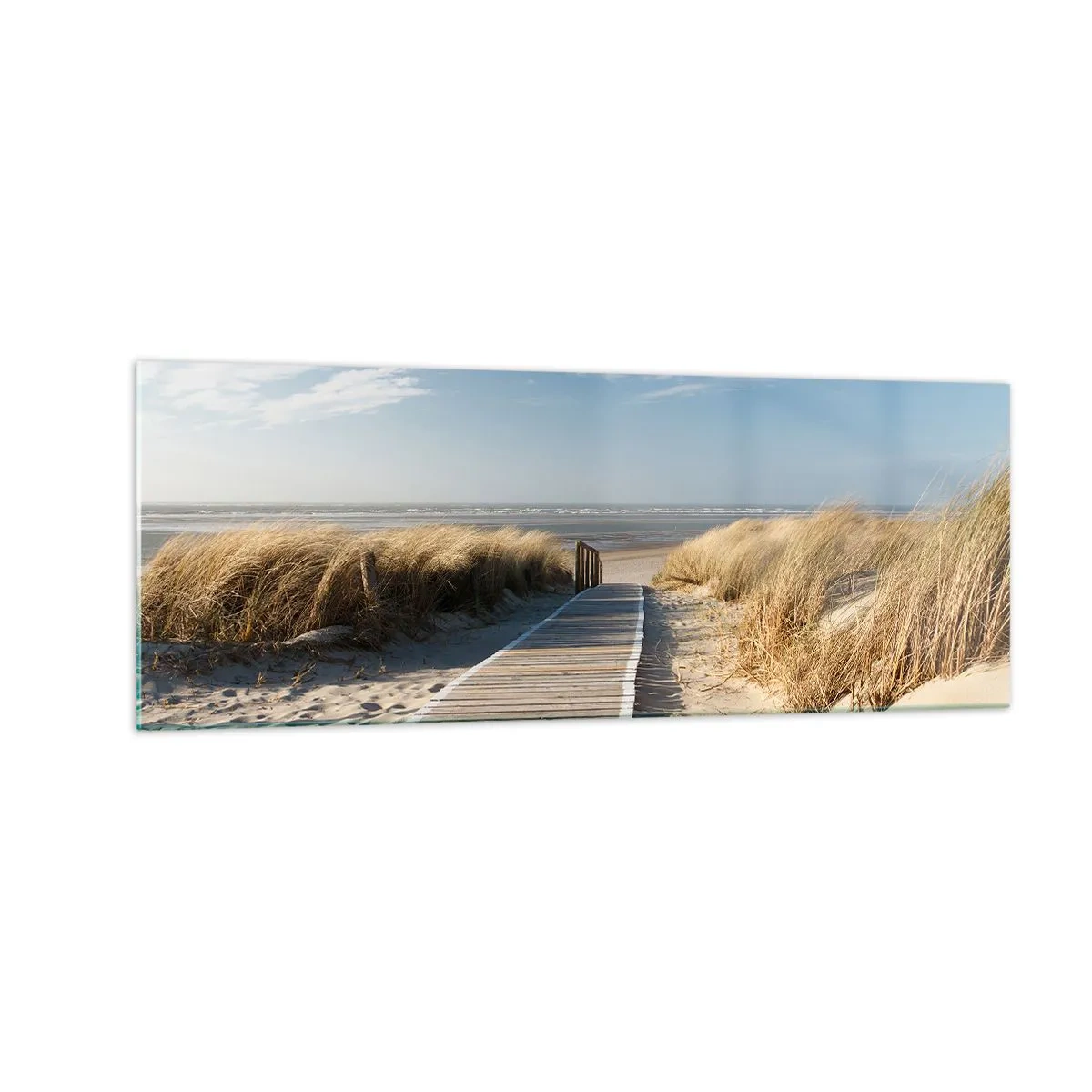 Glasbild - Bild auf glas - Ein Holzweg führt durch die Dünen zum ruhigen Meer - 140x50cm - Hinter der Düne, im Rauschen des Grases - Moderne Wanddekoration für Wohnzimmer und Schlafzimmer ARTTOR