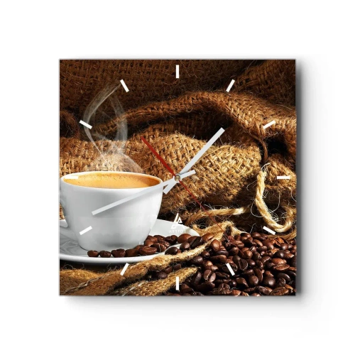 Wanduhr - Glasuhr - Eine Tasse Kaffee, umgeben von einer Tüte Kaffeebohnen - 30x30cm - Der Geruch von Mokka und die Dicke der Honigflüssigkeit - Moderne Wanddekoration für Wohnzimmer und Schlafzimmer ARTTOR