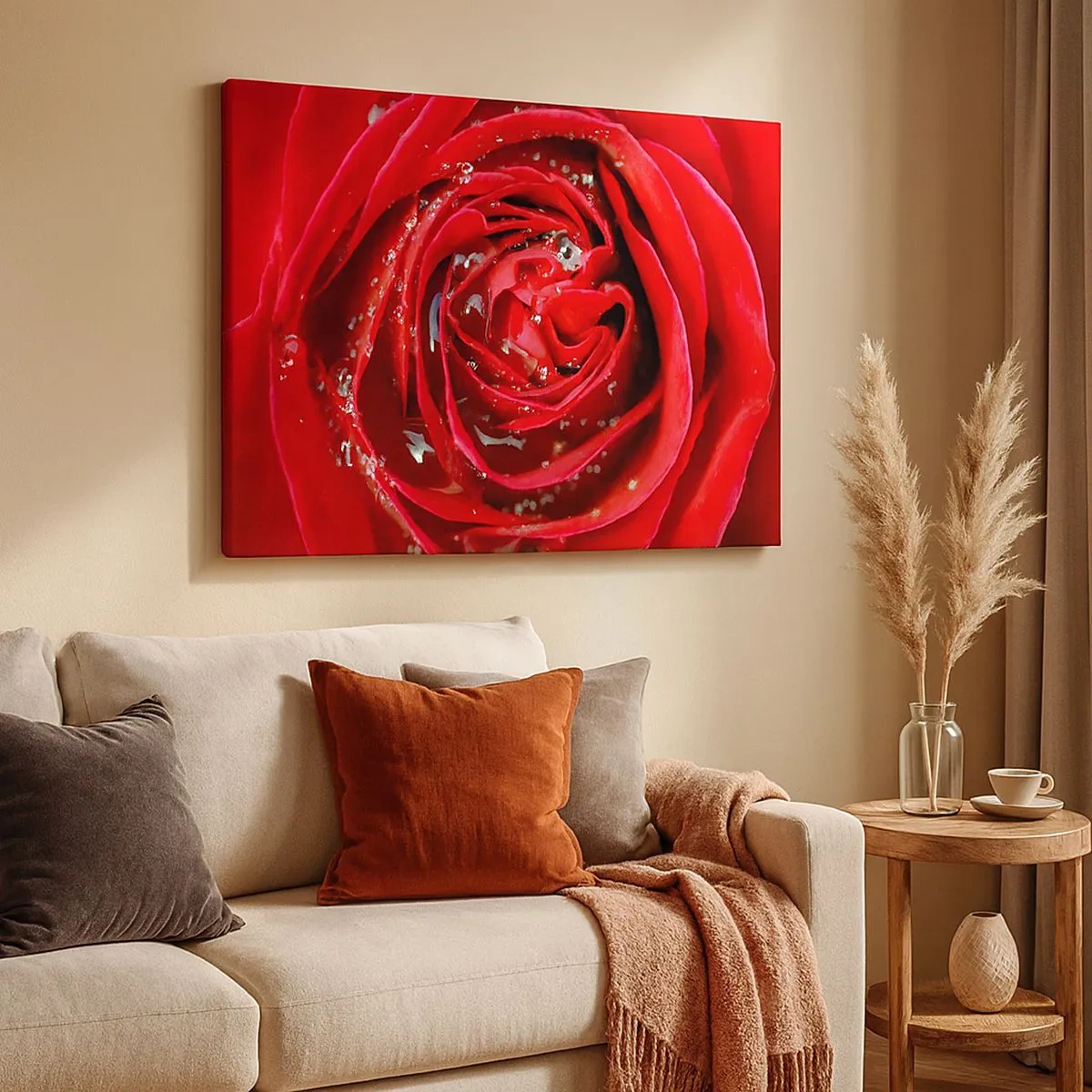 Bild auf Leinwand - Leinwandbild - Nahaufnahme einer roten Rose mit Wassertropfen auf den Blütenblättern - 70x50cm - In den Tautropfen - Moderne Wanddekoration für Wohnzimmer und Schlafzimmer ARTTOR