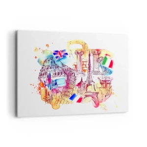 Bild auf Leinwand - Leinwandbild - Aquarell europäischer Symbole mit Länderflaggen - 100x70cm - Europa Tour - Moderne Wanddekoration für Wohnzimmer und Schlafzimmer ARTTOR